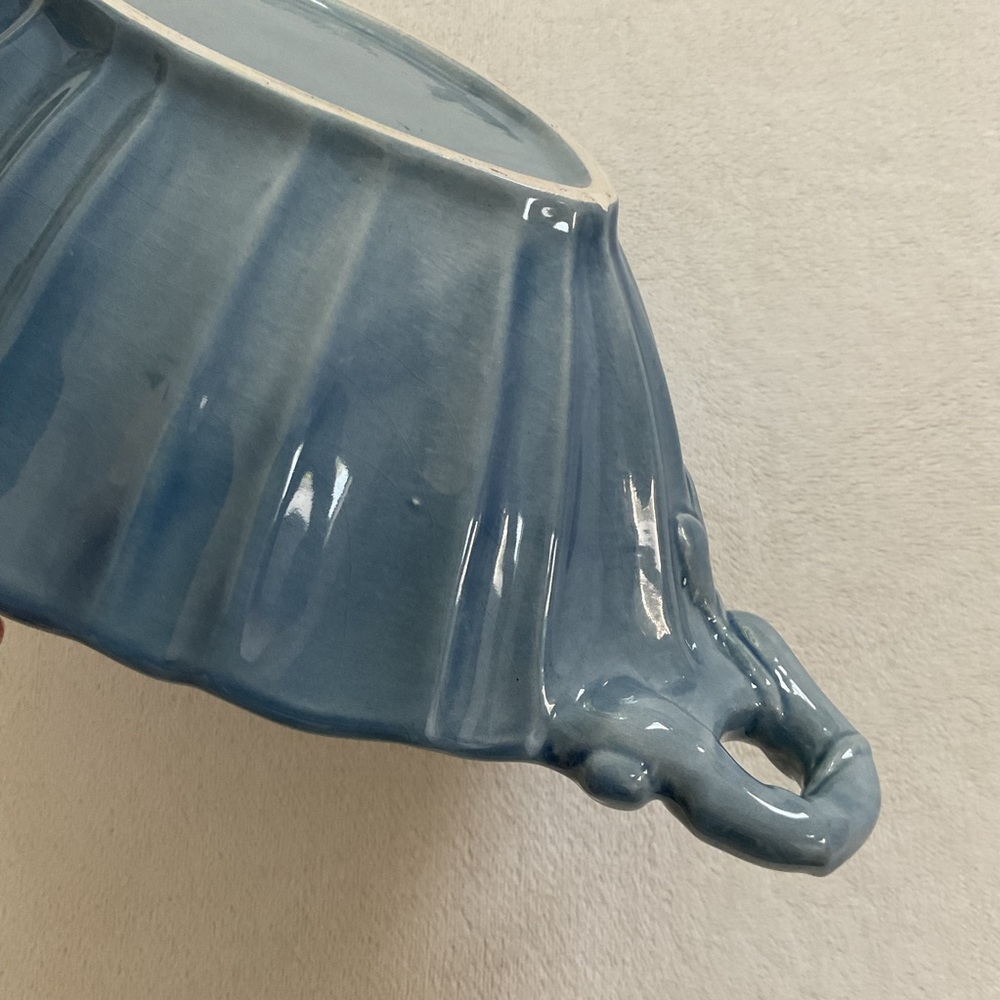 Vintage Blue Glazed Ceramic Centerpiece Bowl Leaf Handle MCM Console Bowl - Picture 12 of 16